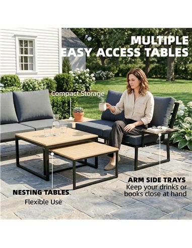 Outsunny 4 Seater Metal Garden Furniture Set, Corner Garden Sofa Set with 2 Loveseats, 2 Nesting Tables, Arm Side Trays, Teak