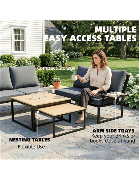 Outsunny 4 Seater Metal Garden Furniture Set, Corner Garden Sofa Set with 2 Loveseats, 2 Nesting Tables, Arm Side Trays, Teak - pic 181280 | FastDaddyshop