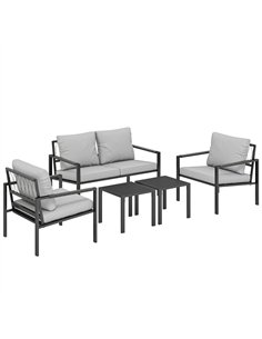 Outsunny 5 Piece Metal Garden Furniture Sofa Set with Thickened Cushions, Loveseat, 2 Armchairs, 2 Coffee Tables, Light Grey