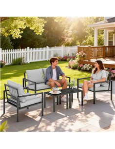 Outsunny 5 Piece Metal Garden Furniture Sofa Set with Thickened Cushions, Loveseat, 2 Armchairs, 2 Coffee Tables, Light Grey 2