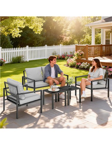 Outsunny 5 Piece Metal Garden Furniture Sofa Set with Thickened Cushions, Loveseat, 2 Armchairs, 2 Coffee Tables, Light Grey