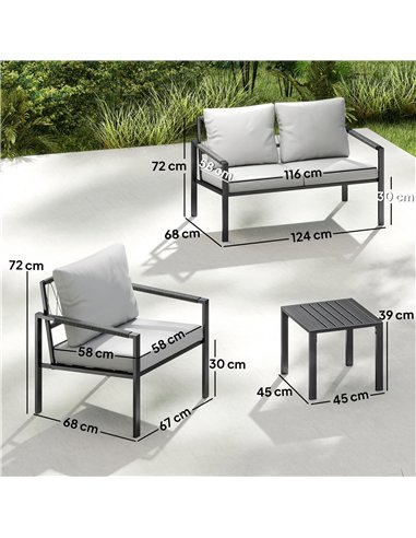 Outsunny 5 Piece Metal Garden Furniture Sofa Set with Thickened Cushions, Loveseat, 2 Armchairs, 2 Coffee Tables, Light Grey