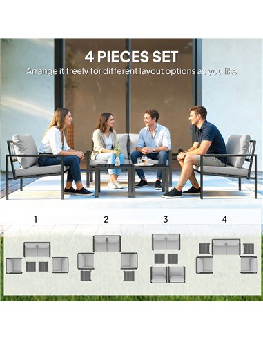 Outsunny 5 Piece Metal Garden Furniture Sofa Set with Thickened Cushions, Loveseat, 2 Armchairs, 2 Coffee Tables, Light Grey