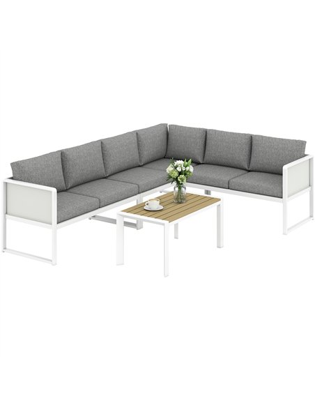 Outsunny 6 Seater Metal Garden Furniture Corner Sofa Set with 3 Loveseats, Faux Wood Table, Texteline Seat, Cushions, White - pic 181292 | FastDaddyshop