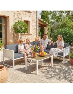 Outsunny 6 Seater Metal Garden Furniture Corner Sofa Set with 3 Loveseats, Faux Wood Table, Texteline Seat, Cushions, White 2
