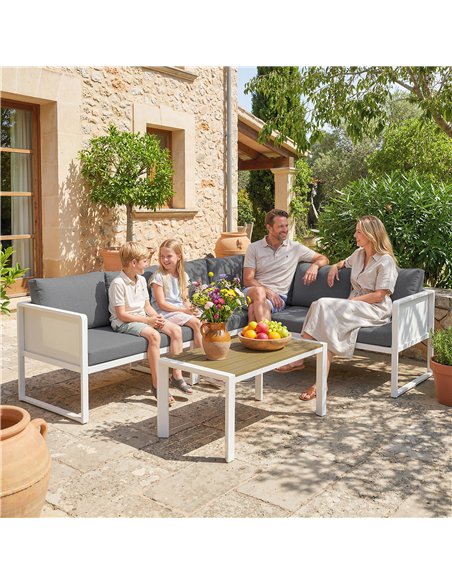 Outsunny 6 Seater Metal Garden Furniture Corner Sofa Set with 3 Loveseats, Faux Wood Table, Texteline Seat, Cushions, White - pic 181293 | FastDaddyshop