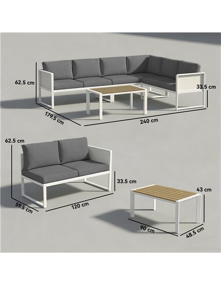 Outsunny 6 Seater Metal Garden Furniture Corner Sofa Set with 3 Loveseats, Faux Wood Table, Texteline Seat, Cushions, White - pic 181294 | FastDaddyshop