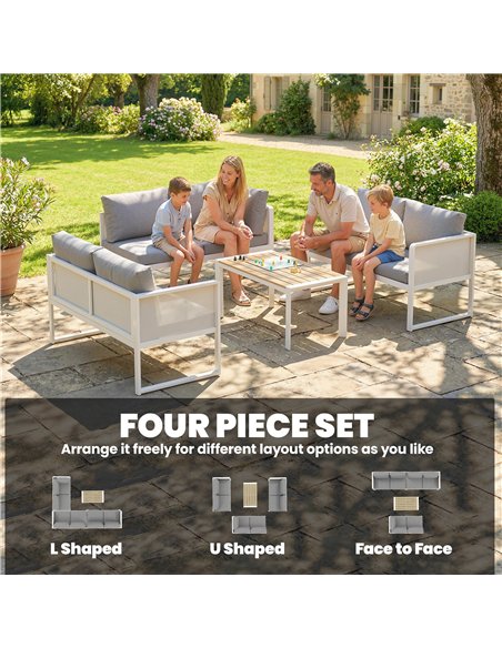 Outsunny 6 Seater Metal Garden Furniture Corner Sofa Set with 3 Loveseats, Faux Wood Table, Texteline Seat, Cushions, White - pic 181295 | FastDaddyshop