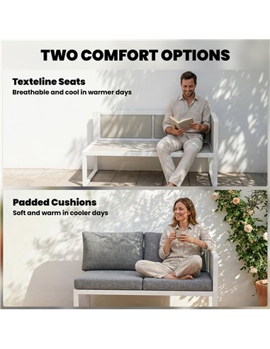 Outsunny 6 Seater Metal Garden Furniture Corner Sofa Set with 3 Loveseats, Faux Wood Table, Texteline Seat, Cushions, White