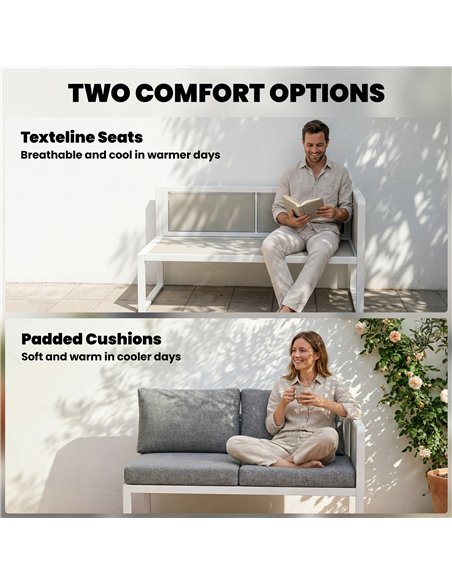 Outsunny 6 Seater Metal Garden Furniture Corner Sofa Set with 3 Loveseats, Faux Wood Table, Texteline Seat, Cushions, White - pic 181297 | FastDaddyshop