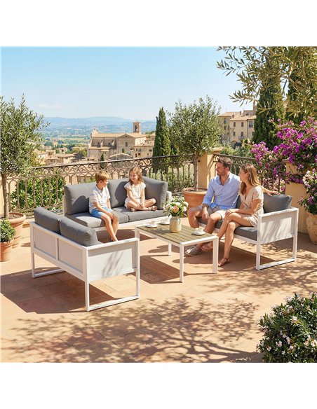 Outsunny 6 Seater Metal Garden Furniture Corner Sofa Set with 3 Loveseats, Faux Wood Table, Texteline Seat, Cushions, White - pic 181300 | FastDaddyshop