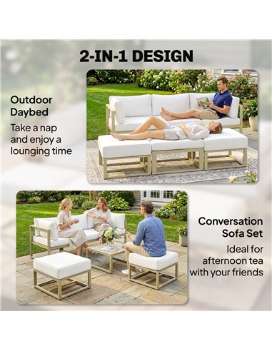 Outsunny Garden Daybed, 6 Piece Outdoor Sectional Sofa Set, Aluminium Patio Conversation Furniture Set with Coffee Table