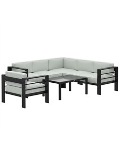 Outsunny 5-Piece Garden Corner Sofa Set with Cushions, 6 Seater Aluminium Garden Furniture Set with Coffee Table, Light Grey
