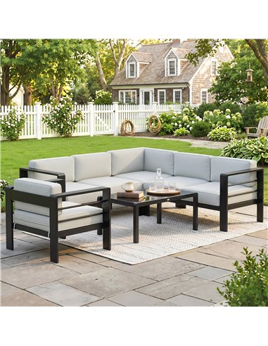 Outsunny 5-Piece Garden Corner Sofa Set with Cushions, 6 Seater Aluminium Garden Furniture Set with Coffee Table, Light Grey