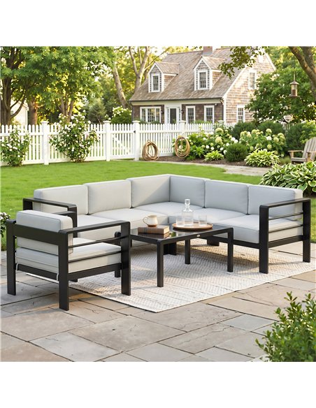 Outsunny 5-Piece Garden Corner Sofa Set with Cushions, 6 Seater Aluminium Garden Furniture Set with Coffee Table, Light Grey - pic 181316 | FastDaddyshop