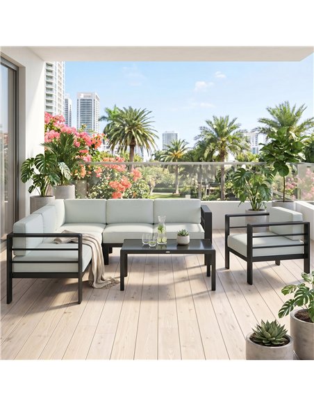 Outsunny 5-Piece Garden Corner Sofa Set with Cushions, 6 Seater Aluminium Garden Furniture Set with Coffee Table, Light Grey - pic 181317 | FastDaddyshop