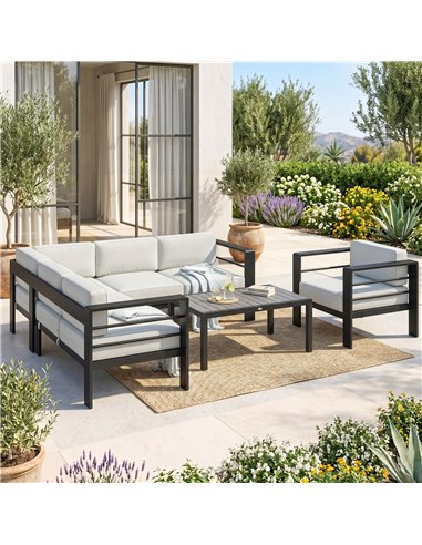 Outsunny 5-Piece Garden Corner Sofa Set with Cushions, 6 Seater Aluminium Garden Furniture Set with Coffee Table, Light Grey