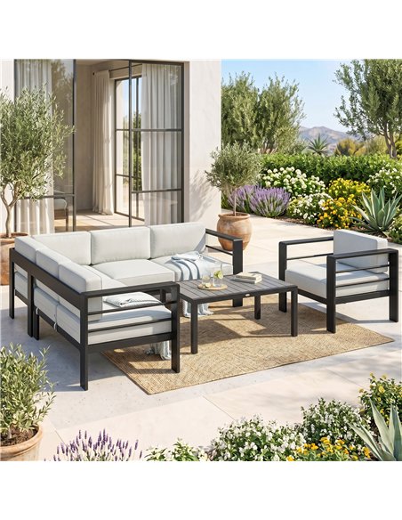 Outsunny 5-Piece Garden Corner Sofa Set with Cushions, 6 Seater Aluminium Garden Furniture Set with Coffee Table, Light Grey - pic 181318 | FastDaddyshop