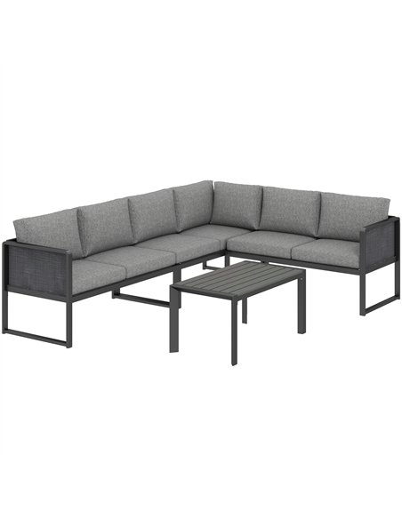 Outsunny 6 Seater Metal Garden Furniture Corner Sofa Set with 3 Loveseats, Faux Wood Table, Texteline Seat, Cushions, Dark Grey - pic 181319 | FastDaddyshop