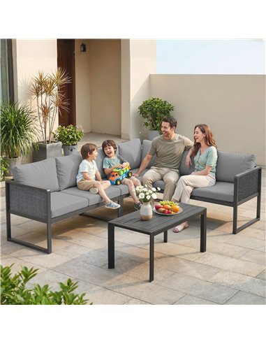 Outsunny 6 Seater Metal Garden Furniture Corner Sofa Set with 3 Loveseats, Faux Wood Table, Texteline Seat, Cushions, Dark Grey