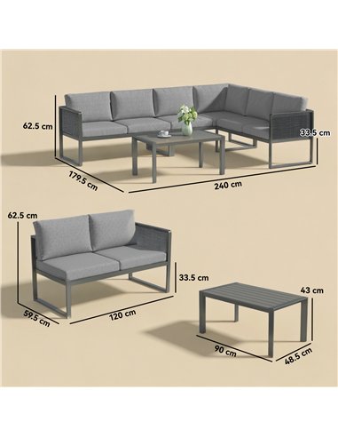 Outsunny 6 Seater Metal Garden Furniture Corner Sofa Set with 3 Loveseats, Faux Wood Table, Texteline Seat, Cushions, Dark Grey