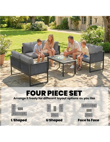Outsunny 6 Seater Metal Garden Furniture Corner Sofa Set with 3 Loveseats, Faux Wood Table, Texteline Seat, Cushions, Dark Grey
