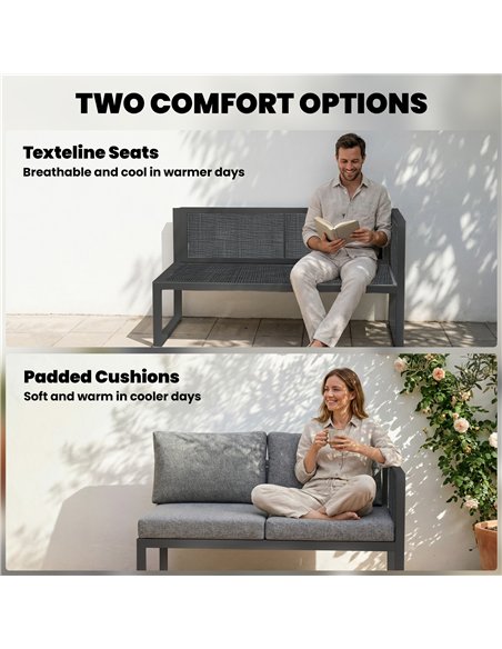 Outsunny 6 Seater Metal Garden Furniture Corner Sofa Set with 3 Loveseats, Faux Wood Table, Texteline Seat, Cushions, Dark Grey - pic 181324 | FastDaddyshop
