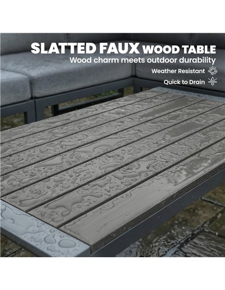 Outsunny 6 Seater Metal Garden Furniture Corner Sofa Set with 3 Loveseats, Faux Wood Table, Texteline Seat, Cushions, Dark Grey - pic 181325 | FastDaddyshop