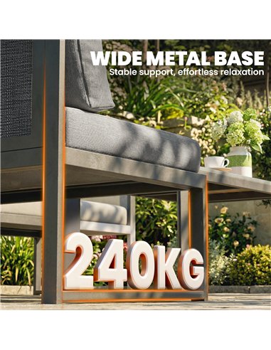 Outsunny 6 Seater Metal Garden Furniture Corner Sofa Set with 3 Loveseats, Faux Wood Table, Texteline Seat, Cushions, Dark Grey