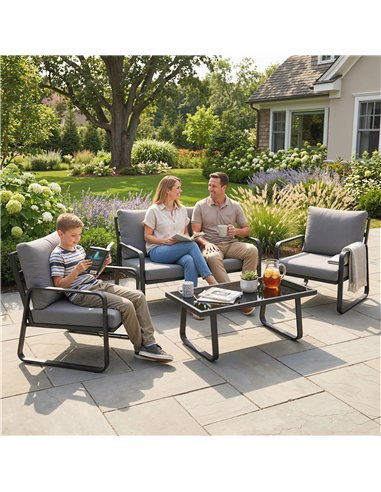 Outsunny 4 Piece Garden Furniture Set, Outdoor Sofa Set with Loveseat, 2 Armchairs, Coffee Table and Cushions