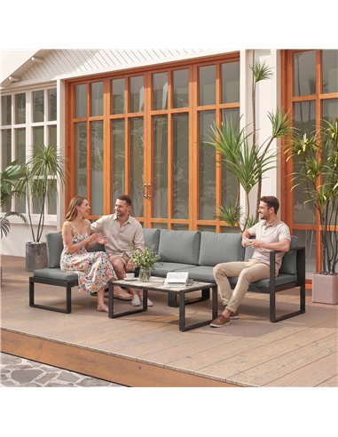 Outsunny 4 Piece Garden Furniture Set, Garden Sofa Set with 2 Loveseats, Armless Chair, Coffee Table for Balcony, Dark Grey