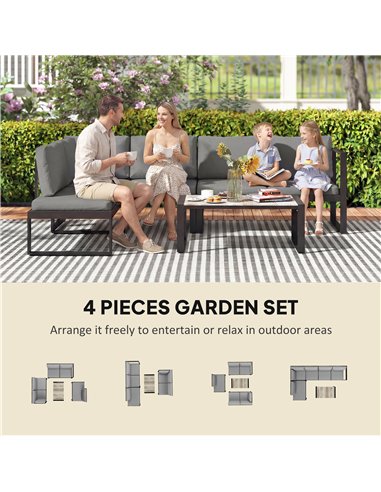 Outsunny 4 Piece Garden Furniture Set, Garden Sofa Set with 2 Loveseats, Armless Chair, Coffee Table for Balcony, Dark Grey