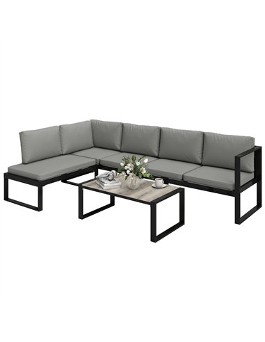 Outsunny 4 Piece Garden Furniture Set, Garden Sofa Set with 2 Loveseats, Armless Chair, Coffee Table for Balcony, Dark Grey