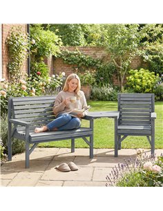 Outsunny Wooden Garden Furniture Set with Parasol Hole, 1 Chair, 1 Bench and Detachable Table, Grey Embossed Finish 2