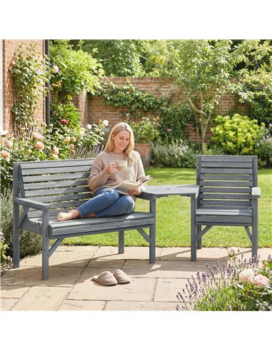 Outsunny Wooden Garden Furniture Set with Parasol Hole, 1 Chair, 1 Bench and Detachable Table, Grey Embossed Finish