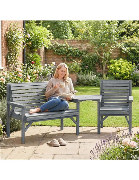 Outsunny Wooden Garden Furniture Set with Parasol Hole, 1 Chair, 1 Bench and Detachable Table, Grey Embossed Finish - pic 181365 | FastDaddyshop