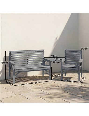 Outsunny Wooden Garden Furniture Set with Parasol Hole, 1 Chair, 1 Bench and Detachable Table, Grey Embossed Finish