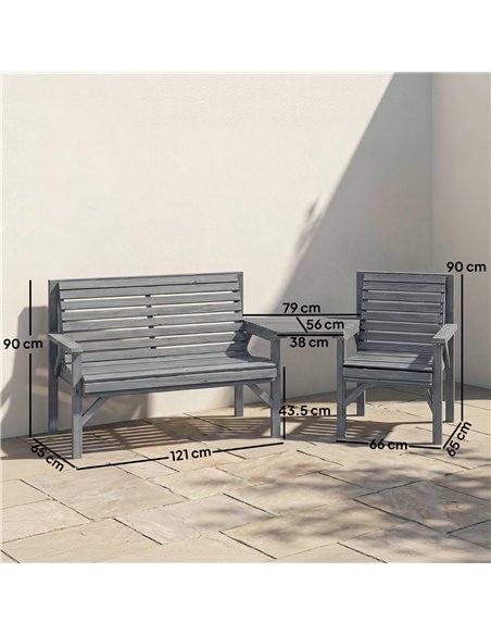 Outsunny Wooden Garden Furniture Set with Parasol Hole, 1 Chair, 1 Bench and Detachable Table, Grey Embossed Finish - pic 181366 | FastDaddyshop