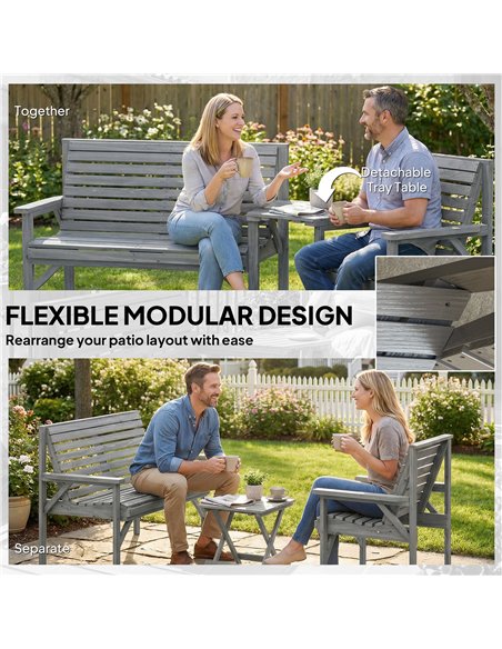 Outsunny Wooden Garden Furniture Set with Parasol Hole, 1 Chair, 1 Bench and Detachable Table, Grey Embossed Finish - pic 181367 | FastDaddyshop