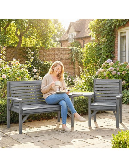 Outsunny Wooden Garden Furniture Set with Parasol Hole, 1 Chair, 1 Bench and Detachable Table, Grey Embossed Finish - pic 181372 | FastDaddyshop