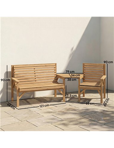 Outsunny Wooden Garden Furniture Set , 1 Chair, 1 Bench and Detachable Table, Natural Wood Finish