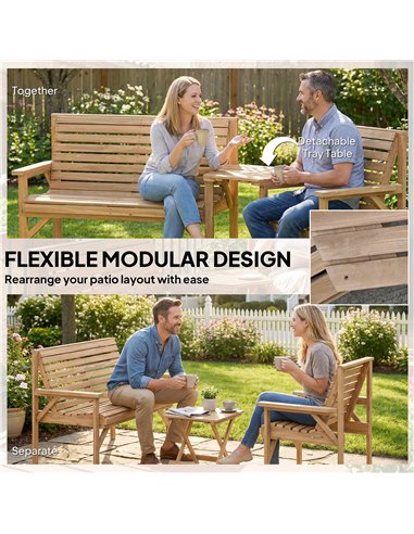 Outsunny Wooden Garden Furniture Set , 1 Chair, 1 Bench and Detachable Table, Natural Wood Finish