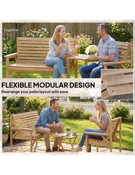 Outsunny Wooden Garden Furniture Set , 1 Chair, 1 Bench and Detachable Table, Natural Wood Finish - pic 181385 | FastDaddyshop