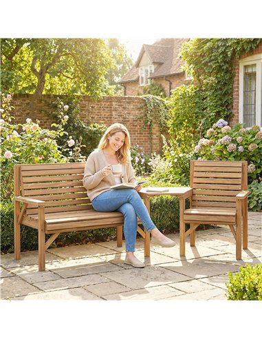 Outsunny Wooden Garden Furniture Set , 1 Chair, 1 Bench and Detachable Table, Natural Wood Finish