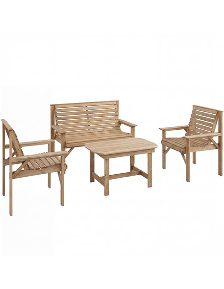 Outsunny 4 Piece Wooden Garden Furniture Set, Outdoor Garden Sofa Set with 2 Armchairs, Loveseat and Coffee Table, Natural Wood - pic 181391 | FastDaddyshop