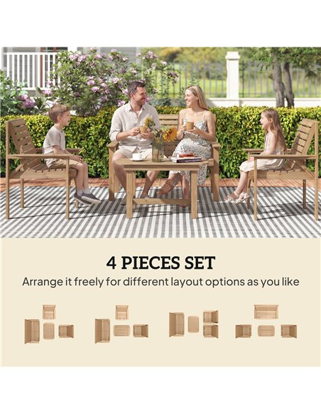 Outsunny 4 Piece Wooden Garden Furniture Set, Outdoor Garden Sofa Set with 2 Armchairs, Loveseat and Coffee Table, Natural Wood - pic 181394 | FastDaddyshop