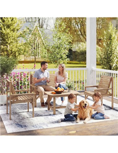 Outsunny 4 Piece Wooden Garden Furniture Set, Outdoor Garden Sofa Set with 2 Armchairs, Loveseat and Coffee Table, Natural Wood