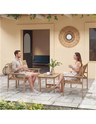 Outsunny 4 Piece Wooden Garden Furniture Set, Outdoor Garden Sofa Set with 2 Armchairs, Loveseat and Coffee Table, Natural Wood
