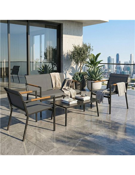 Outsunny 4 Seater Garden Furniture Set with Loveseat, Armchairs, Table, Metal Garden Sofa Set with Breathable Seats, Grey - pic 181401 | FastDaddyshop
