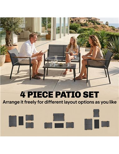 Outsunny 4 Seater Garden Furniture Set with Loveseat, Armchairs, Table, Metal Garden Sofa Set with Breathable Seats, Grey